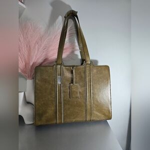 Piquadro Italian Leather Briefcase Tote Olive Green Laptop Bag 16x12